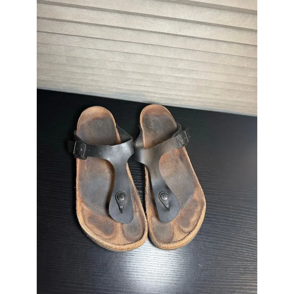 Birkenstock Gizeh Black Leather Thong Sandals EU39 US 8 Narrow Footbed